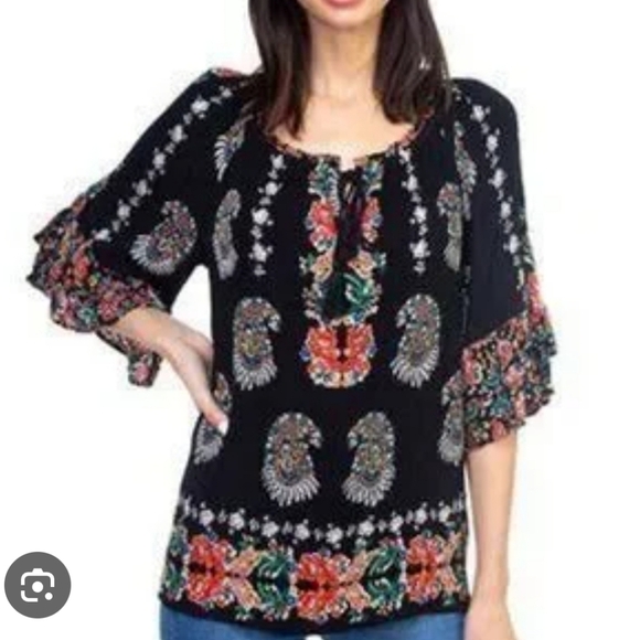 Bila | Colorful Floral Paisley Boho Flutter Sleeve Peasant Top Size Medium - Picture 2 of 7